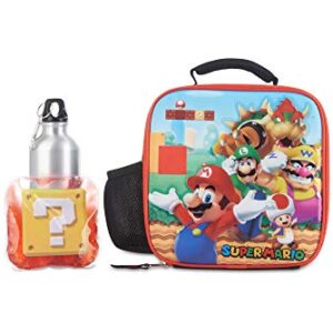 AI ACCESSORY INNOVATIONS Super Mario Bros Lunch Box Set for Boys & Girls, Stainless Steel Water Bottle with Carabiner Clip and Ice Pack, Insulated & Waterproof Lunch Bag with Zipper, 4 Pieces