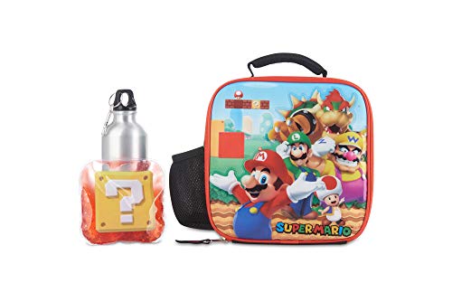 AI ACCESSORY INNOVATIONS Super Mario Bros Lunch Box Set for Boys & Girls, Stainless Steel Water Bottle with Carabiner Clip and Ice Pack, Insulated & Waterproof Lunch Bag with Zipper, 4 Pieces