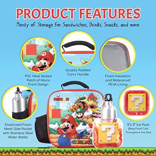 AI ACCESSORY INNOVATIONS Super Mario Bros Lunch Box Set for Boys & Girls, Stainless Steel Water Bottle with Carabiner Clip and Ice Pack, Insulated & Waterproof Lunch Bag with Zipper, 4 Pieces