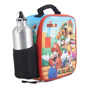 AI ACCESSORY INNOVATIONS Super Mario Bros Lunch Box Set for Boys & Girls, Stainless Steel Water Bottle with Carabiner Clip and Ice Pack, Insulated & Waterproof Lunch Bag with Zipper, 4 Pieces