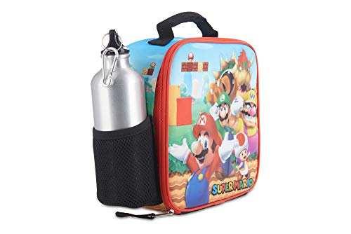 AI ACCESSORY INNOVATIONS Super Mario Bros Lunch Box Set for Boys & Girls, Stainless Steel Water Bottle with Carabiner Clip and Ice Pack, Insulated & Waterproof Lunch Bag with Zipper, 4 Pieces