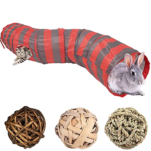 Tfwadmx Rabbit Tunnel and Tube Collapsible Bunny Tunnel Toys Small Animal Acitivity Hideout with 3 Pack Chew Grass Ball for Guinea Pig Chinchilla Ferret Cat Hamster Rat