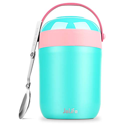 Jelife 16oz Insulated Food Jar Hot Food Containers for Lunch School Soup Thermos for Kids, Vacuum Leak Proof Stainless Steel Lunch Bento Box with Foldable Spoon for Food Travel Camping