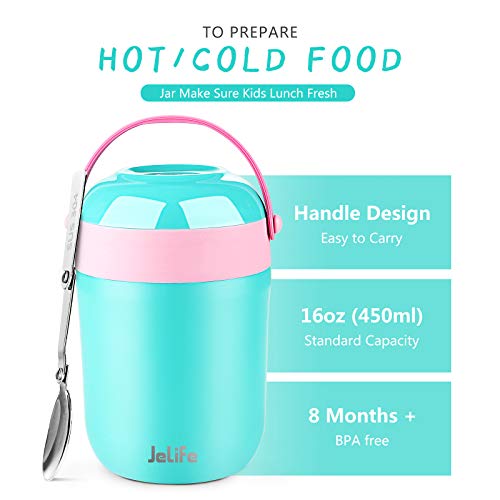 Jelife 16oz Insulated Food Jar Hot Food Containers for Lunch School Soup Thermos for Kids, Vacuum Leak Proof Stainless Steel Lunch Bento Box with Foldable Spoon for Food Travel Camping