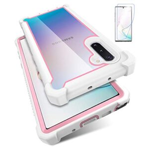 kself case for samsung galaxy note 10 case with screen protector, full body protective hybrid dual layer shockproof acrylic back case cover for galaxy note 10 5g 6.3 inch (white pink)