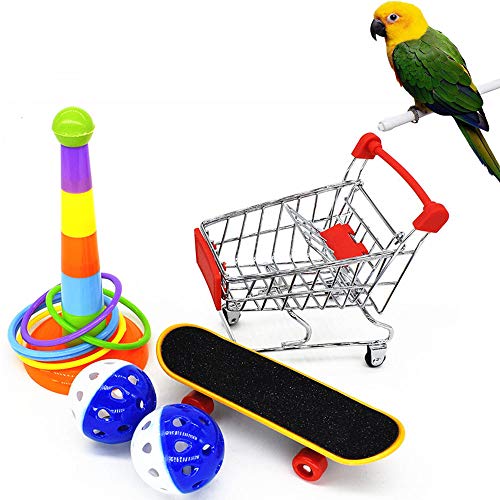 SKCLUB 5 Pack Parrot Toys Parakeet Toys, Mini Shopping Cart Skateboard Stand and Ball Training Rings, Bird Toys for Conures Cockatiels Budgie Cockatiel Lovebird