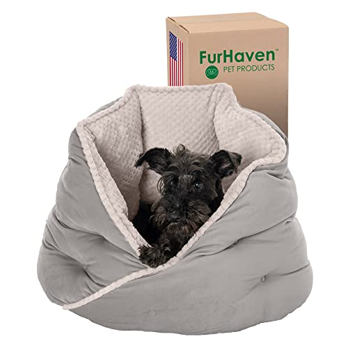 Furhaven 24" Round Medium Dog Bed Minky Plush & Velvet Calming Hug Nest, Washable - Silver Gray, 24-inch