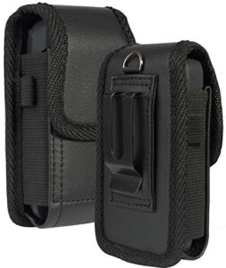 case for kyocera flip phone, nakedcellphone black vegan leather vertical pouch [with belt loop, metal clip, magnetic closure] for duraxv extreme e4810, duraxv lte e4610, duraxe epic e4830, duraxtp
