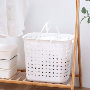 Large Breathable Hollow Laundry Hamper with Long Handles, 14.6 Inches Portable Plastic Clothes Hamper for Living Room Bathroom Laundry Storage (White, Round)
