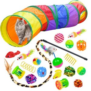 malier cat toys kitten toys set, collapsible cat tunnels for indoor cats, interactive cat feather toy fluffy mouse crinkle balls toys for cat puppy kitty kitten rabbit (a-rainbow)