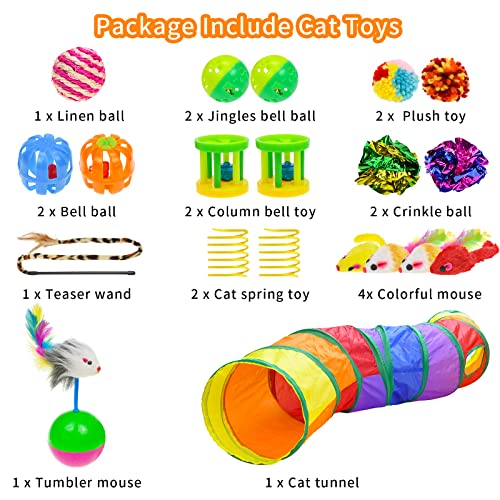 Malier Cat Toys Kitten Toys Set, Collapsible Cat Tunnels for Indoor Cats, Interactive Cat Feather Toy Fluffy Mouse Crinkle Balls Toys for Cat Puppy Kitty Kitten Rabbit (A-Rainbow)