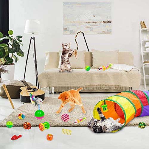 Malier Cat Toys Kitten Toys Set, Collapsible Cat Tunnels for Indoor Cats, Interactive Cat Feather Toy Fluffy Mouse Crinkle Balls Toys for Cat Puppy Kitty Kitten Rabbit (A-Rainbow)