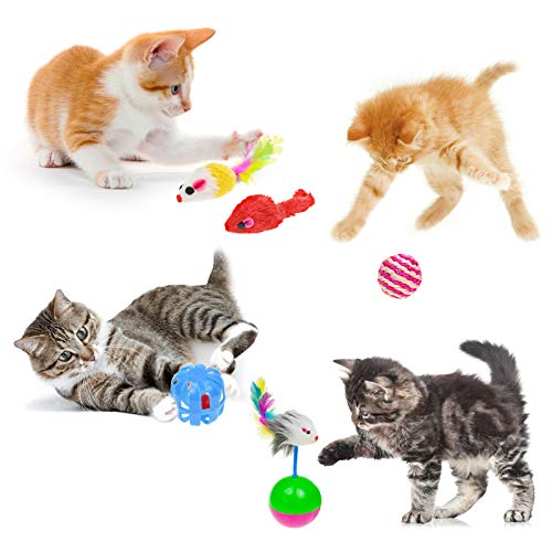 Malier Cat Toys Kitten Toys Set, Collapsible Cat Tunnels for Indoor Cats, Interactive Cat Feather Toy Fluffy Mouse Crinkle Balls Toys for Cat Puppy Kitty Kitten Rabbit (A-Rainbow)