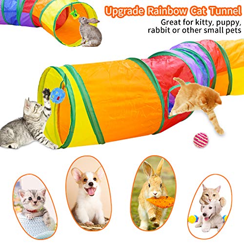 Malier Cat Toys Kitten Toys Set, Collapsible Cat Tunnels for Indoor Cats, Interactive Cat Feather Toy Fluffy Mouse Crinkle Balls Toys for Cat Puppy Kitty Kitten Rabbit (A-Rainbow)