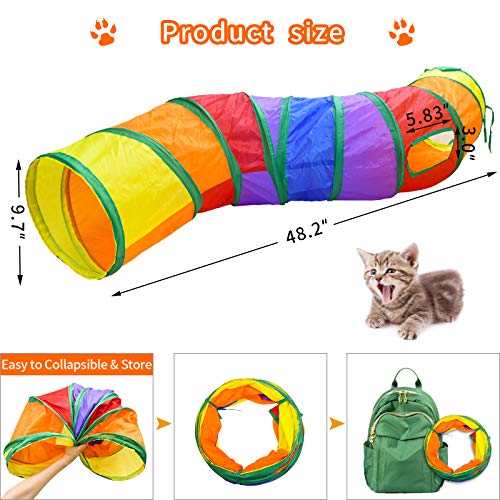 Malier Cat Toys Kitten Toys Set, Collapsible Cat Tunnels for Indoor Cats, Interactive Cat Feather Toy Fluffy Mouse Crinkle Balls Toys for Cat Puppy Kitty Kitten Rabbit (A-Rainbow)