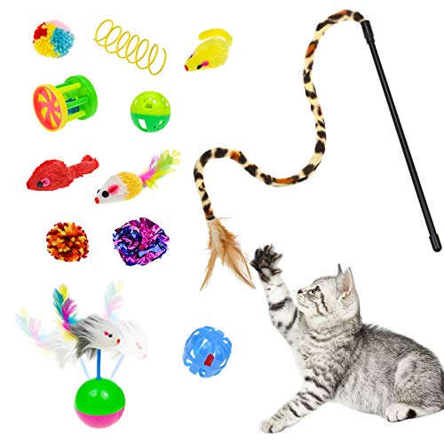 Malier Cat Toys Kitten Toys Set, Collapsible Cat Tunnels for Indoor Cats, Interactive Cat Feather Toy Fluffy Mouse Crinkle Balls Toys for Cat Puppy Kitty Kitten Rabbit (A-Rainbow)