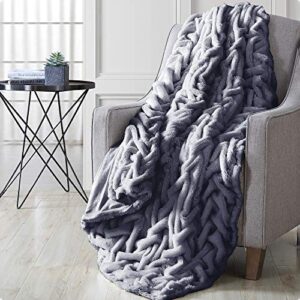 modern threads luxury solid braided faux fur reverse to flannel throw blanket, grey - 50" x 60"