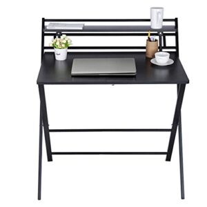 eucoo folding study desk, folding laptop table home corner desks simple computer desk with shelf for small space home office (black2)