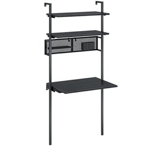 rolanstar computer desk with shelves, wall mounted desk with storage shelf, industrial ladder desk, 3 tiers leaning desk for small space, floating writing desk for home office, black