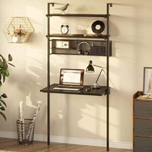Rolanstar Computer Desk with Shelves, Wall Mounted Desk with Storage Shelf, Industrial Ladder Desk, 3 Tiers Leaning Desk for Small Space, Floating Writing Desk for Home Office, Black