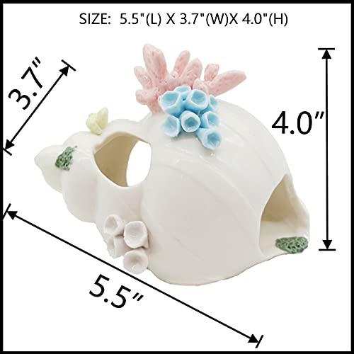 Starryfill Aquarium Decorations White Ceramic Conch Thematic Ornament with Three Holes for Betta Fish Passing or Hiding Safely,Betta Fish Tank for Small and Medium Fish