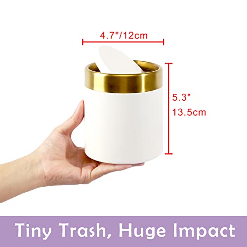 Mini Trash Can with Lid, Brushed Stainless Steel Small Tiny Mini Trash Bin Can, Mini Countertop Trash Cans for Desk Car Office Kitchen, Swing Top Trash Bin 1.5 L/0.40 Gal (White)