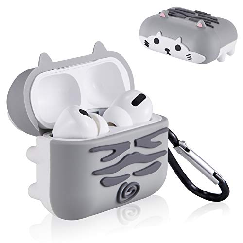 Jowhep Case for AirPod Pro 2019/Pro 2 Gen 2022 Cartoon Cute Silicone Animal Cover Keychain Funny Shockproof Soft Protective Skin for Air Pods Pro Girls Boys Kawaii Cases for AirPods Pro Grey White Cat