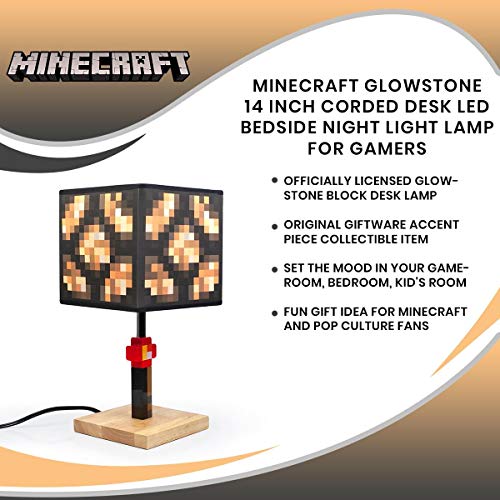 Minecraft Glowstone 14 Inch Corded Desk LED Night Light - Decorative, Fun, Safe & Awesome Bedside Mood Lamp Toy for Baby, Boys, Teen, Adults & Gamers - Best for Home's Bedroom, Living Room Or Office