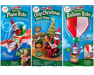 the elf on the shelf scout elves at play set: cozy christmas story time, peppermint plane ride and balloon ride