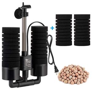aqqa aquarium sponge water filter, power driven double biochemical filter, quiet submersible foam filter with 2 extra sponges, 1 bag of filtered ceramic balls for fresh and salt water fish tank (l)