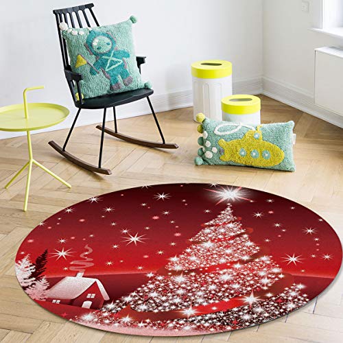 Round Area Rugs 5ft Christmas Tree Indoor Throw Runner Circle Rug Entryway Doormat Floor Carpet Pad Yoga Mat for Bedroom Living Room Cartoon Red Country Farmhouse