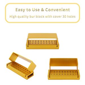 30 Holes Dental Burs Holder Diamond Burs Drill High Speed Block Aluminum Autoclavable Box, Disinfection Bur Organizer Station Opening Box Case with Cover Reusble - Gold