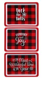 greenbrier international melamine it's the most wonderful time of the year, deck the halls, comfort & joy, christmas holiday seasonal red and black buffalo check trays, 14x10 in. (set of 3)