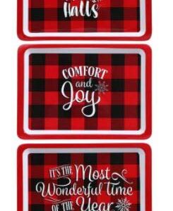 Greenbrier International Melamine It's The Most Wonderful Time of The Year, Deck The Halls, Comfort & Joy, Christmas Holiday Seasonal Red and Black Buffalo Check Trays, 14x10 in. (Set of 3)