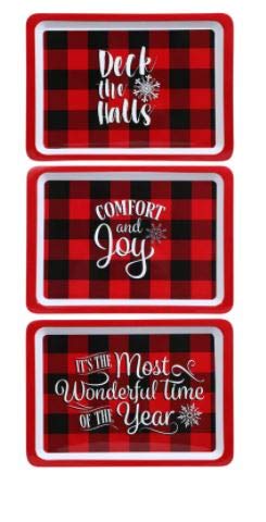 Greenbrier International Melamine It's The Most Wonderful Time of The Year, Deck The Halls, Comfort & Joy, Christmas Holiday Seasonal Red and Black Buffalo Check Trays, 14x10 in. (Set of 3)