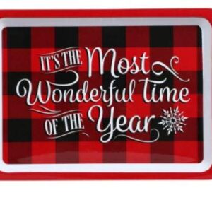 Greenbrier International Melamine It's The Most Wonderful Time of The Year, Deck The Halls, Comfort & Joy, Christmas Holiday Seasonal Red and Black Buffalo Check Trays, 14x10 in. (Set of 3)