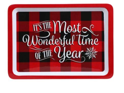 Greenbrier International Melamine It's The Most Wonderful Time of The Year, Deck The Halls, Comfort & Joy, Christmas Holiday Seasonal Red and Black Buffalo Check Trays, 14x10 in. (Set of 3)