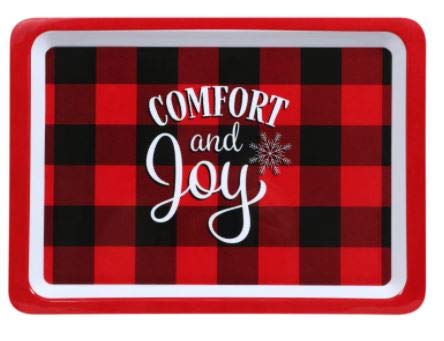 Greenbrier International Melamine It's The Most Wonderful Time of The Year, Deck The Halls, Comfort & Joy, Christmas Holiday Seasonal Red and Black Buffalo Check Trays, 14x10 in. (Set of 3)