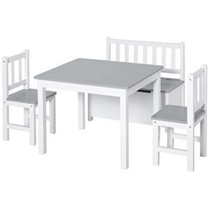 qaba 4-piece kids table set with 2 wooden chairs, 1 storage bench, and interesting modern design, grey/white