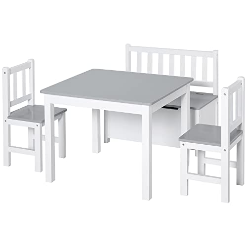 Qaba 4-Piece Kids Table Set with 2 Wooden Chairs, 1 Storage Bench, and Interesting Modern Design, Grey/White