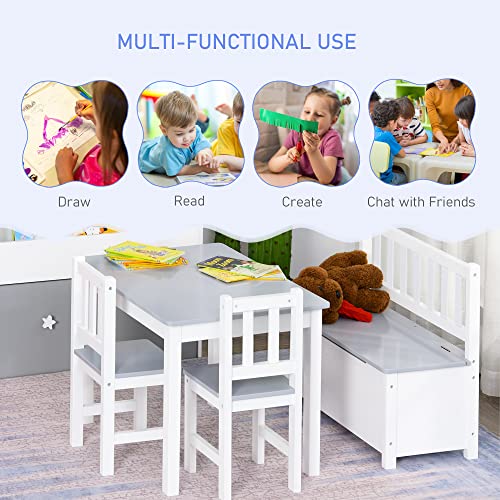 Qaba 4-Piece Kids Table Set with 2 Wooden Chairs, 1 Storage Bench, and Interesting Modern Design, Grey/White