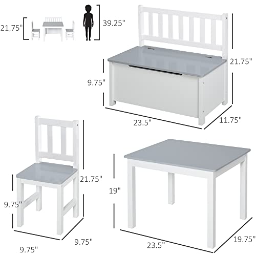 Qaba 4-Piece Kids Table Set with 2 Wooden Chairs, 1 Storage Bench, and Interesting Modern Design, Grey/White