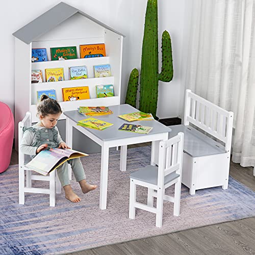 Qaba 4-Piece Kids Table Set with 2 Wooden Chairs, 1 Storage Bench, and Interesting Modern Design, Grey/White