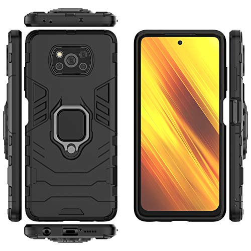 QCMM for Xiaomi Poco X3 NFC/Poco X3 Pro Kickstand Case with Tempered Glass Screen Protector [2 Pieces], Hybrid Heavy Duty Armor Dual Layer Anti-Scratch Case Cover, Black