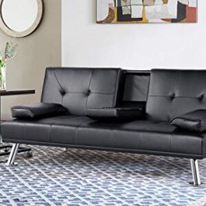 Topeakmart Living Room Futon Sofa Bed Faux Leather Sofa Couch Modern Convertible Folding Recliner with Cup Holders Living Room Furniture Sofa Black