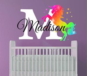 girls nursery rainbow unicorn personalized custom name and initial wall decal, decor wall stickers for babies (medium)