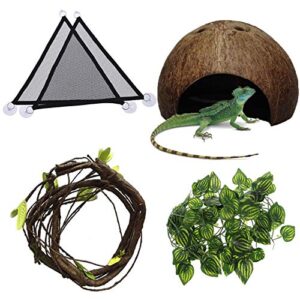 hamiledyi bearded dragon hammock reptile coconut shell bendable jungle climbing vine and leaves with suction cup habitat decor accessories for gecko snakes lizards and chameleon（4pcs）