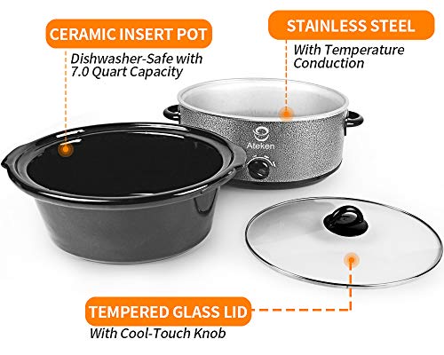 Ateken Slow Cooker 7 Quart Oval Crock Manual Portable Dishwasher Safe with Glass Lid Stainless Steel Black…