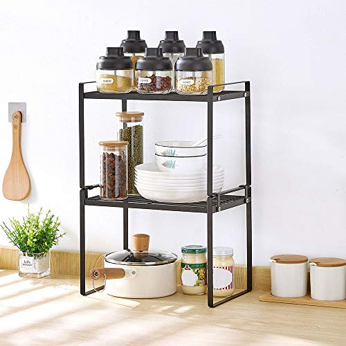 Aksipo 2 Pack Stackable Cabinet Shelf Cupboard Stand Spice Rack Pantry Shelf Kitchen Countertop Organizer Shelf, 13'' Sturdy Metal Frame Rust Resistant Nonslip Black