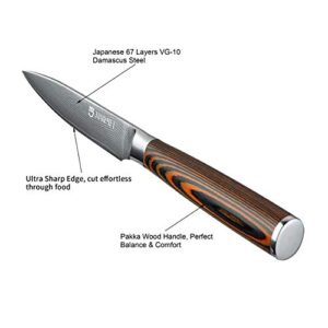 JOURMET 3-1/2" Damascus Paring Knife with Japanese VG10 Super Steel Core, Professional 67-layer Handmade PAKKA Wood Handle with S/S 430 Bolster